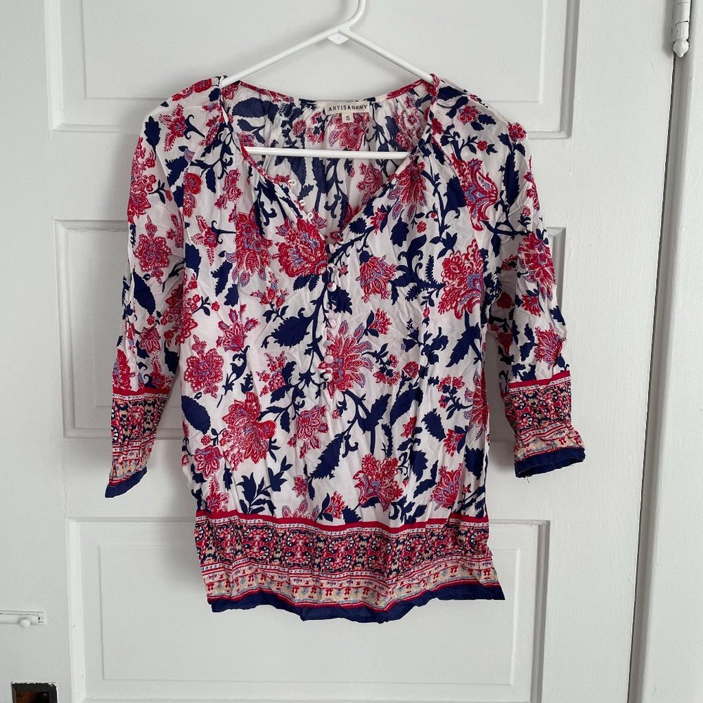 Red, navy, and white floral boho top S